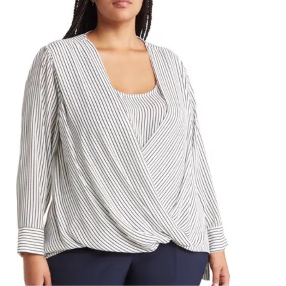 30. Tahari Woman Ivory And Black Stripe Surplice Long Sleeve Blouse